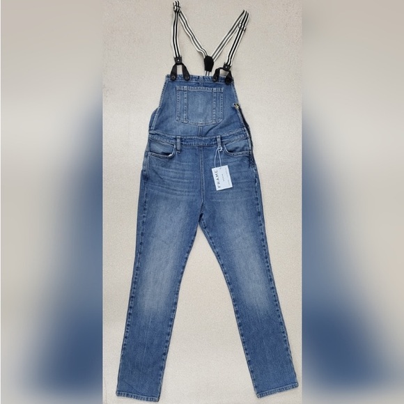 FRAME DENIM Straight Leg Distressed Suspenders Overalls ROADIES Blue - Picture 2 of 16